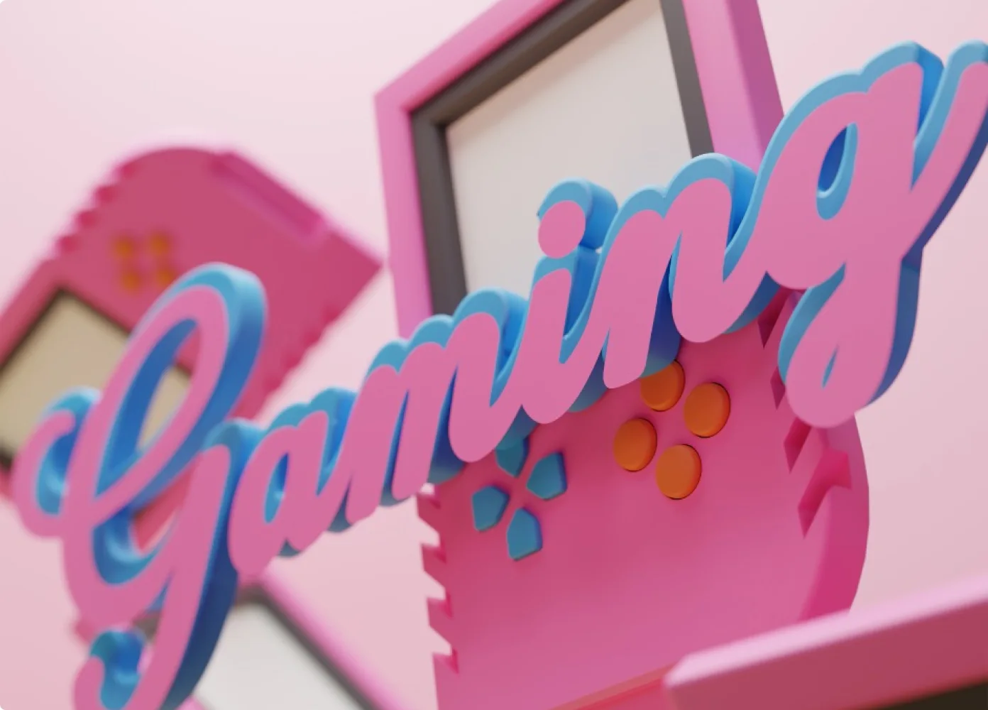 Ein rosa Schild mit der Aufschrift „Gaming", im Hintergrund ein pinker Gameboy.