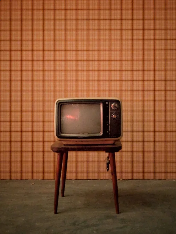 Ein alter Fernseher auf einem TV-Tisch.