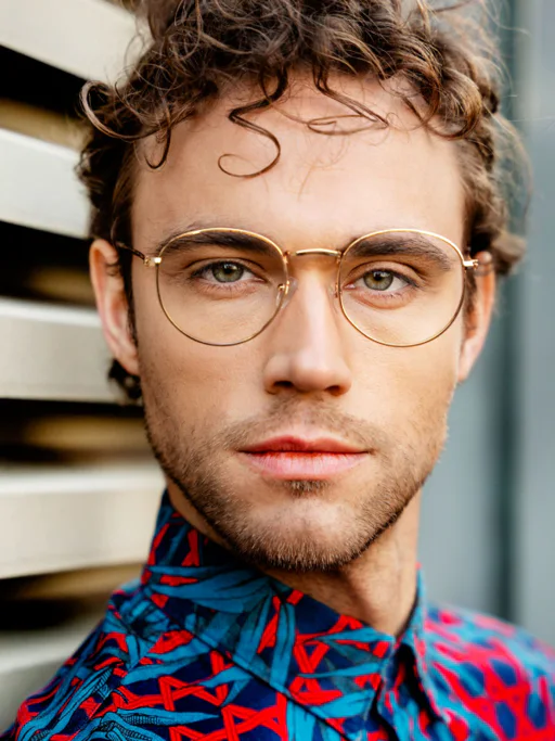 Ein männliches Model mit goldener Brille, grünen Augen und buntem Hemd schaut in die Kamera