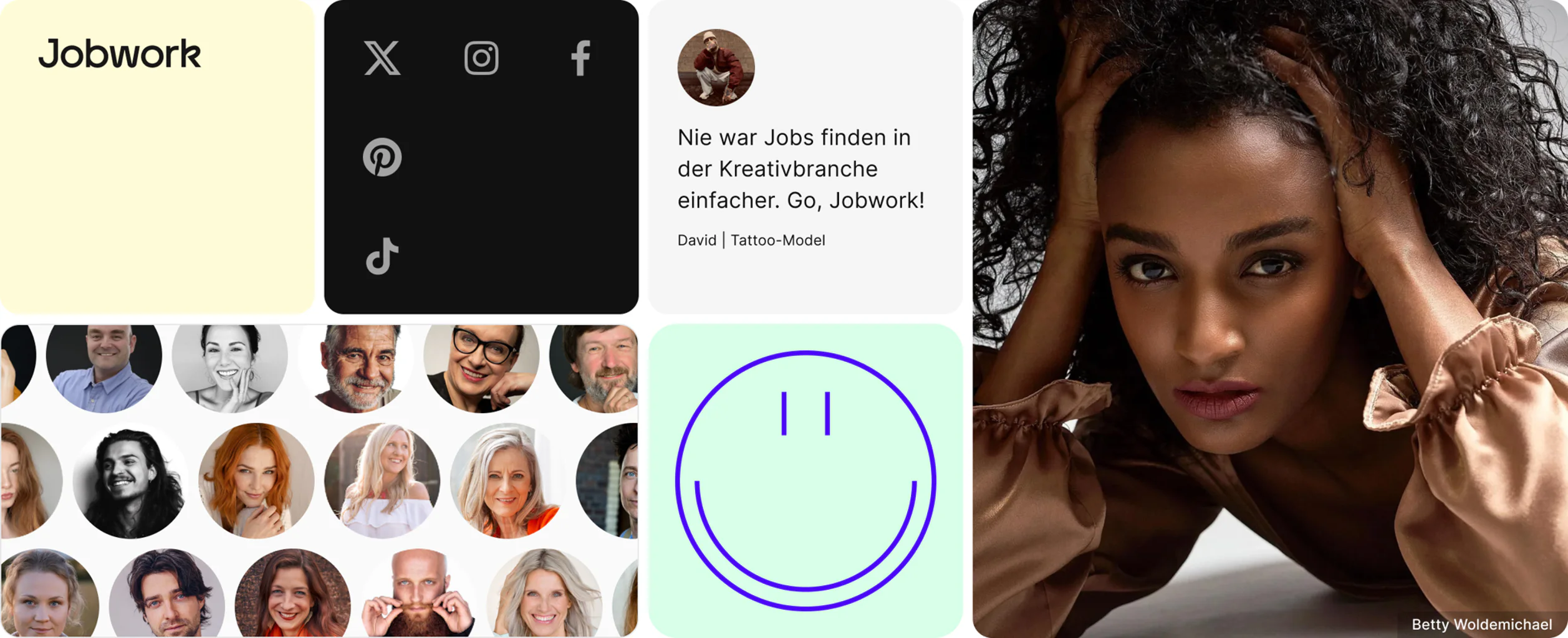 Collage mit Jobwork-Logo, Social-Media-Icons und zahlreichen Portraits von Mitglieder-Testimonials
