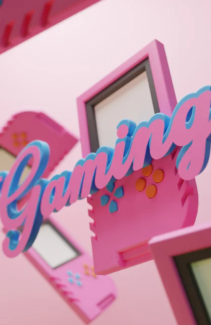 Ein rosa Schild mit der Aufschrift „Gaming", im Hintergrund ein pinker Gameboy.